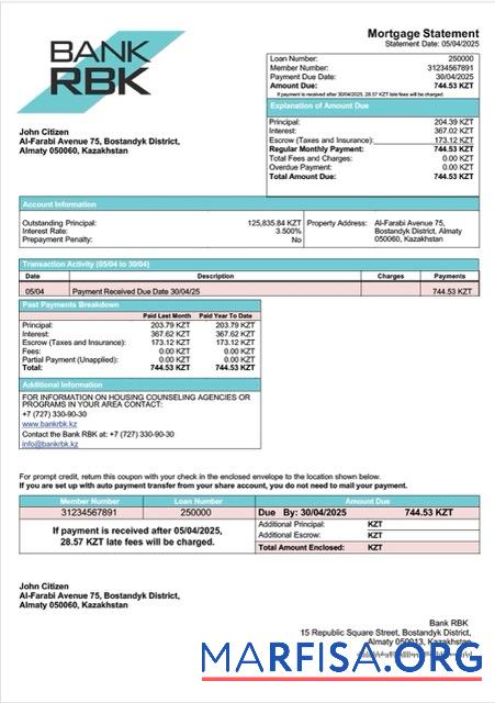 Downloadable Kazakhstan Bank RBK mortgage statement Word and PDF template